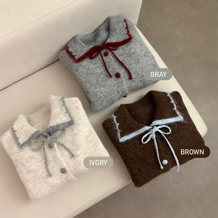 카라 배색 리본 앙고라 모헤어 긴팔 니트 가디건