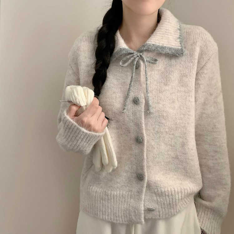 카라 배색 리본 앙고라 모헤어 긴팔 니트 가디건 아이보리
