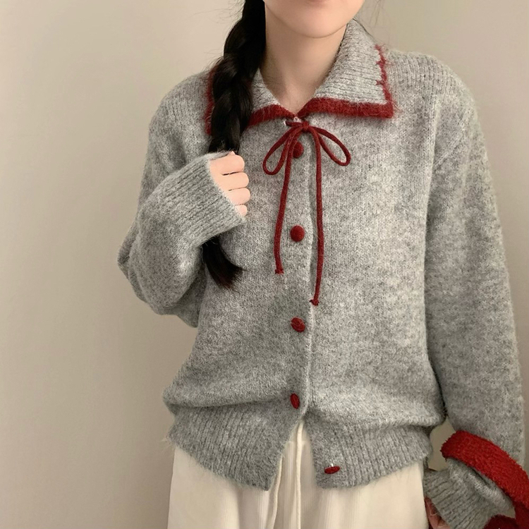 카라 배색 리본 앙고라 모헤어 긴팔 니트 가디건 그레이