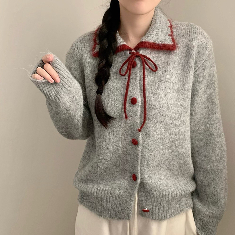 카라 배색 리본 앙고라 모헤어 긴팔 니트 가디건 그레이