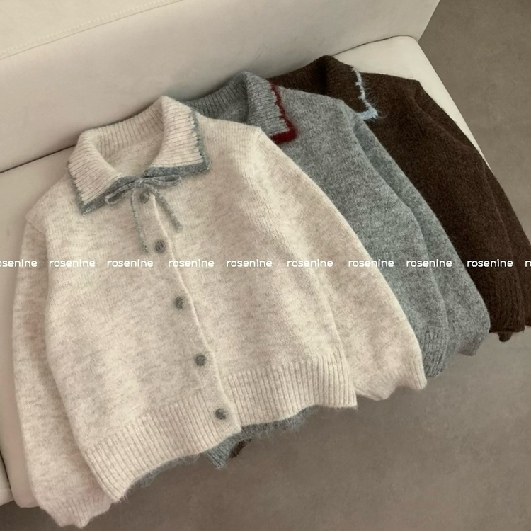 카라 배색 리본 앙고라 모헤어 긴팔 니트 가디건