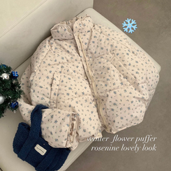 러블리 빈티지 잔꽃 패턴 플라워 모리걸 크롭 패딩