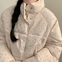 러블리 빈티지 잔꽃 패턴 플라워 모리걸 크롭 패딩 핑크