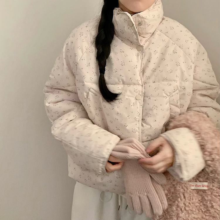 러블리 빈티지 잔꽃 패턴 플라워 모리걸 크롭 패딩 핑크