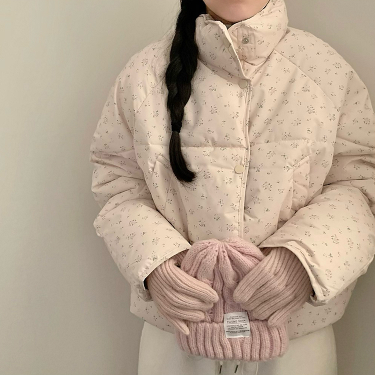 러블리 빈티지 잔꽃 패턴 플라워 모리걸 크롭 패딩 핑크