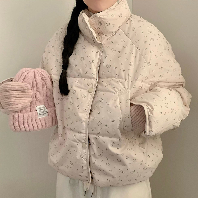 러블리 빈티지 잔꽃 패턴 플라워 모리걸 크롭 패딩 핑크