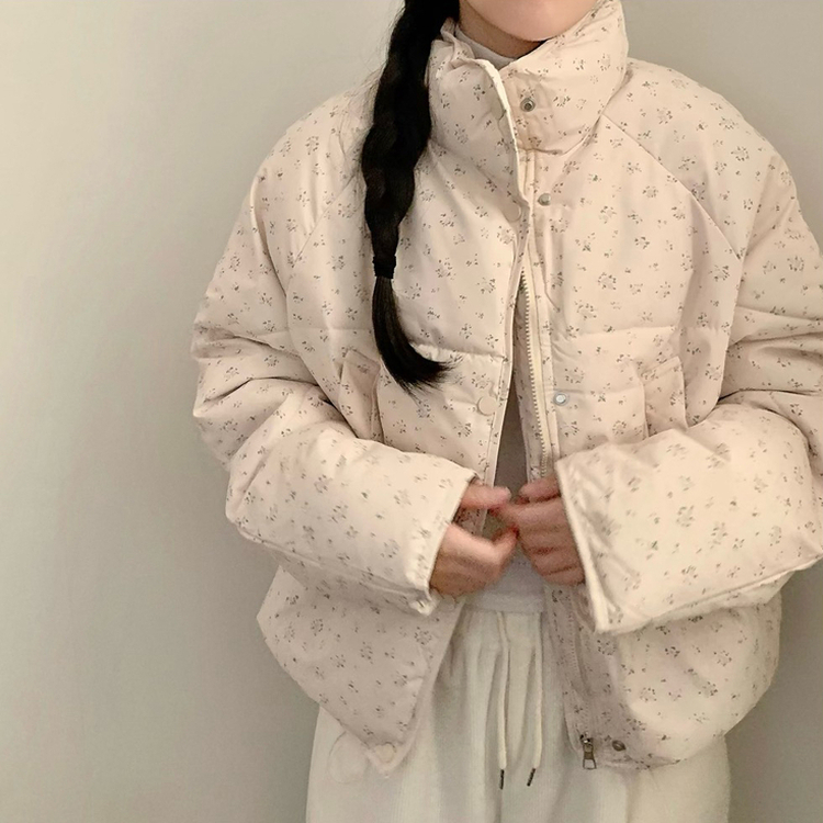 러블리 빈티지 잔꽃 패턴 플라워 모리걸 크롭 패딩 핑크