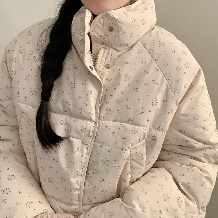 러블리 빈티지 잔꽃 패턴 플라워 모리걸 크롭 패딩 핑크