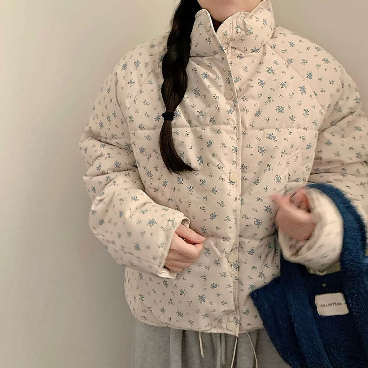 러블리 빈티지 잔꽃 패턴 플라워 모리걸 크롭 패딩 블루