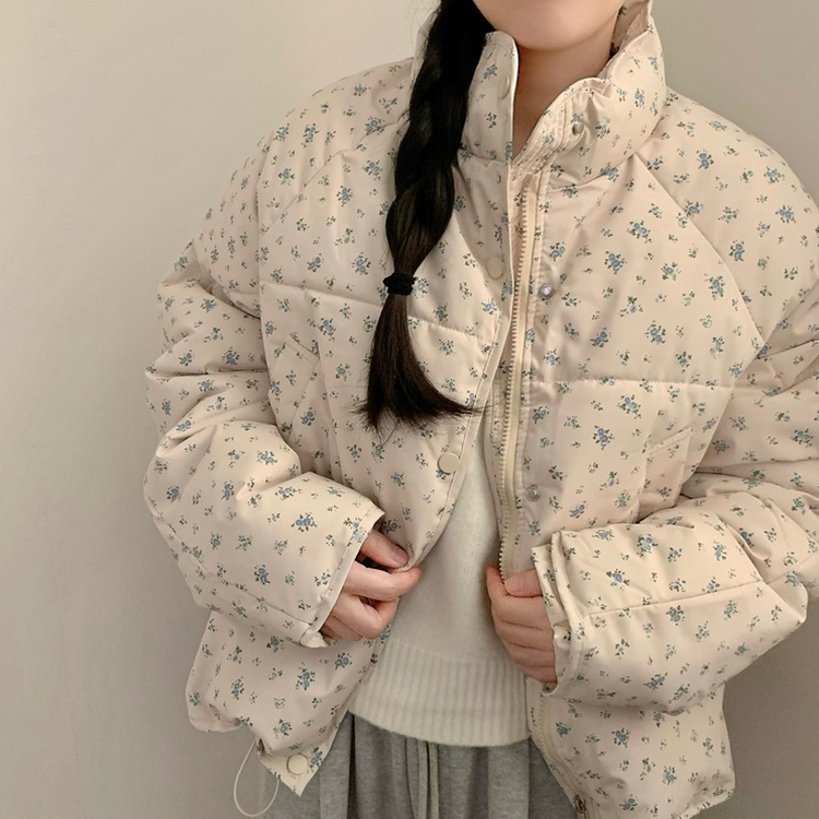 러블리 빈티지 잔꽃 패턴 플라워 모리걸 크롭 패딩 블루