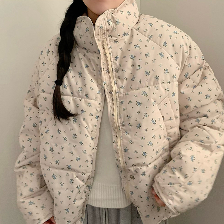 러블리 빈티지 잔꽃 패턴 플라워 모리걸 크롭 패딩 블루