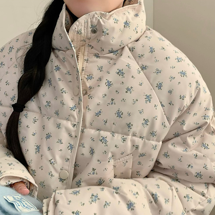 러블리 빈티지 잔꽃 패턴 플라워 모리걸 크롭 패딩 블루