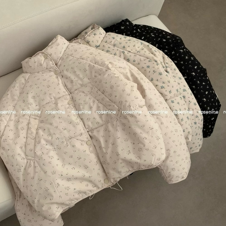 러블리 빈티지 잔꽃 패턴 플라워 모리걸 크롭 패딩