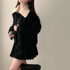 귀여움 조절가능,카라 2가지 스타일링 루즈핏 숏코트 자켓 블랙