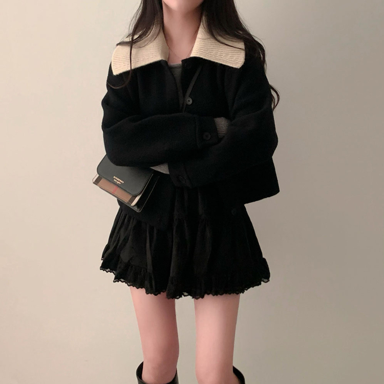 귀여움 조절가능,카라 2가지 스타일링 루즈핏 숏코트 자켓 블랙