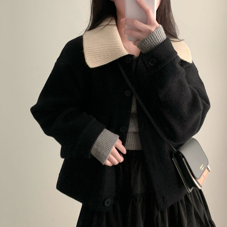 귀여움 조절가능,카라 2가지 스타일링 루즈핏 숏코트 자켓 블랙