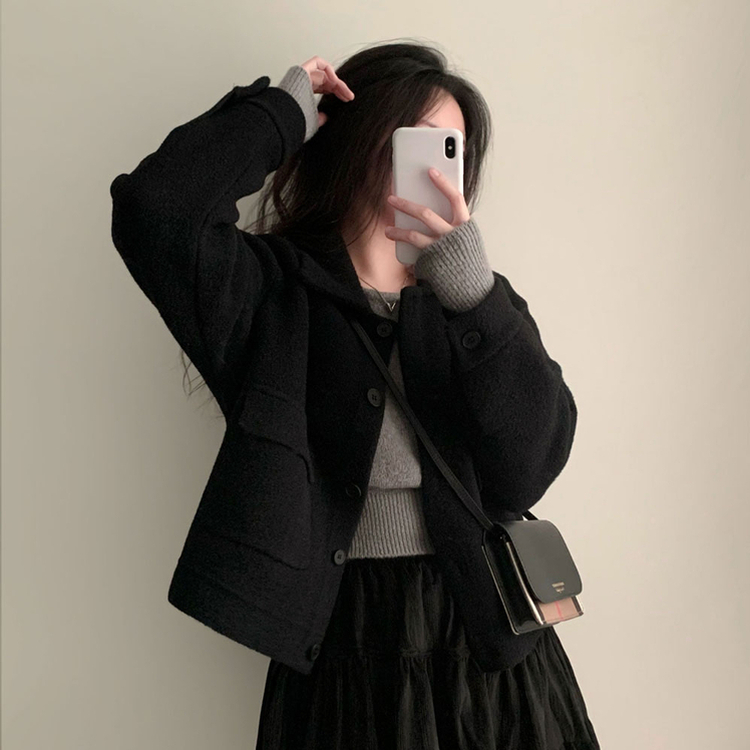 귀여움 조절가능,카라 2가지 스타일링 루즈핏 숏코트 자켓 블랙