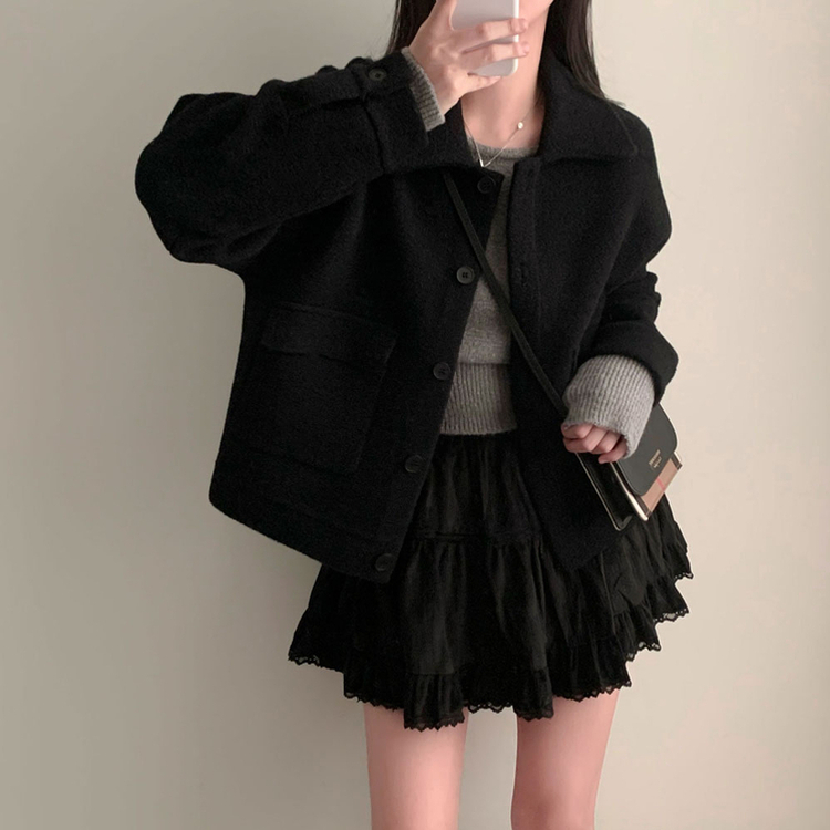 귀여움 조절가능,카라 2가지 스타일링 루즈핏 숏코트 자켓 블랙