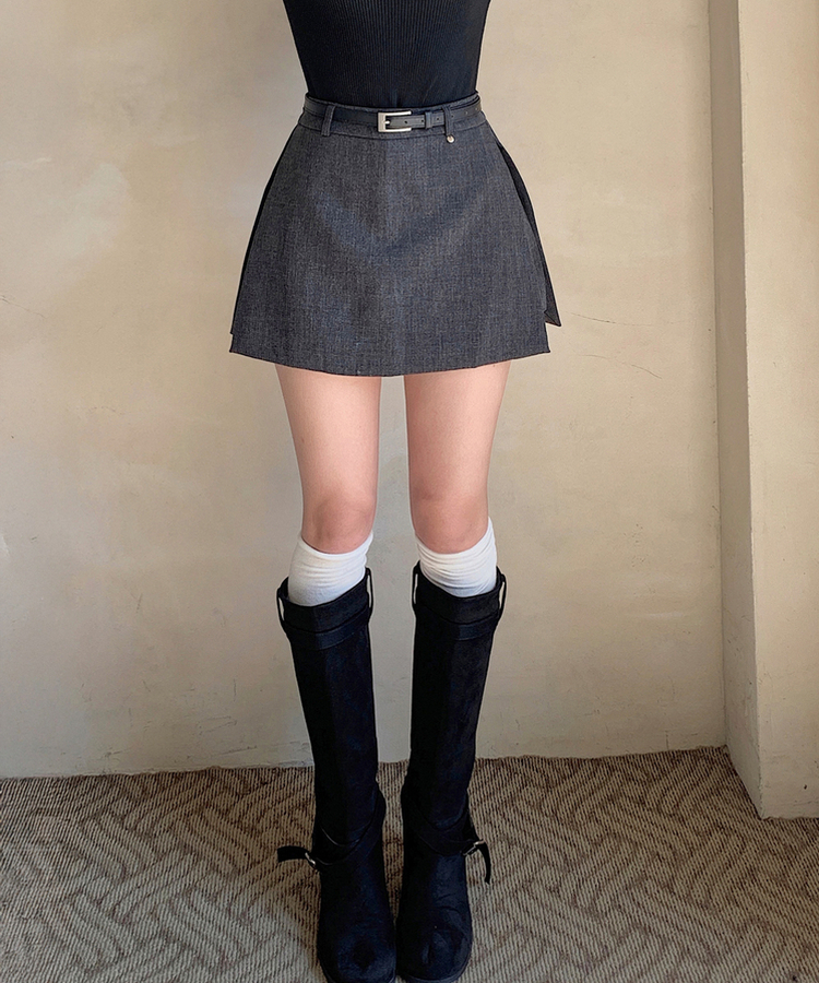 【ベルト付き】モダンスリットミニパンツスカート GREY