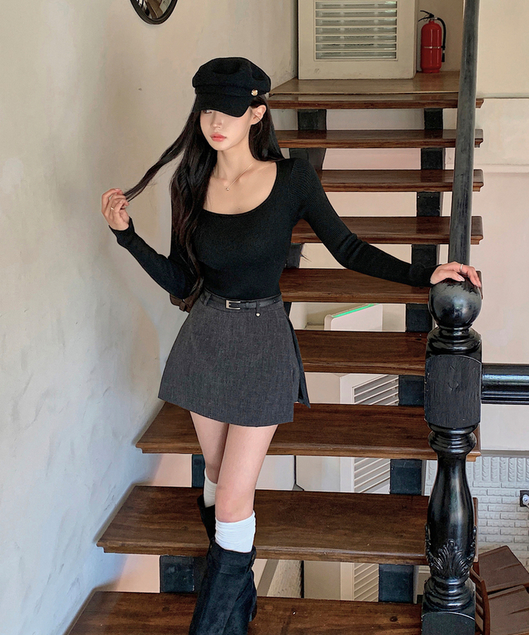 【ベルト付き】モダンスリットミニパンツスカート GREY