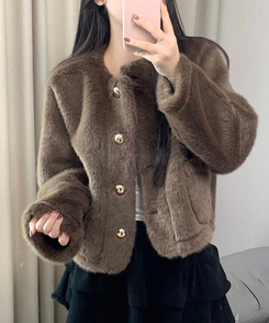 ボタンツイードフェイクファージャケット BROWN
