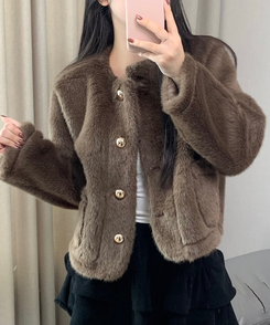 ボタンツイードフェイクファージャケット BROWN