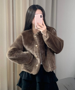 ボタンツイードフェイクファージャケット BROWN