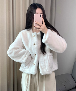 ボタンツイードフェイクファージャケット IVORY