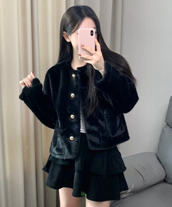 ボタンツイードフェイクファージャケット BLACK