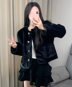 ボタンツイードフェイクファージャケット BLACK