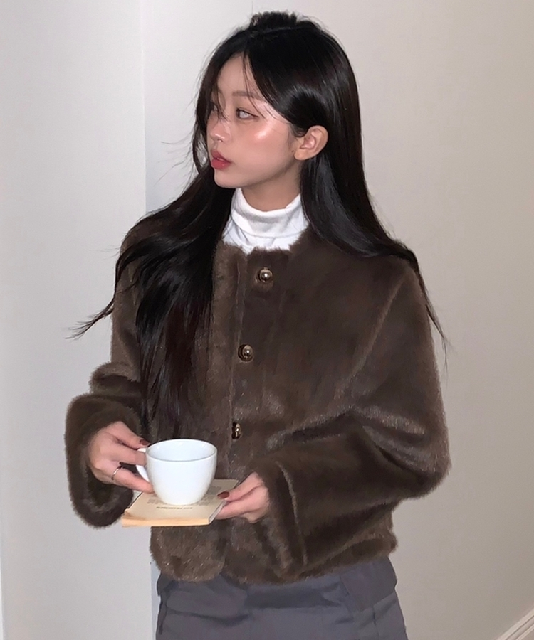 ボタンツイードフェイクファージャケット BROWN