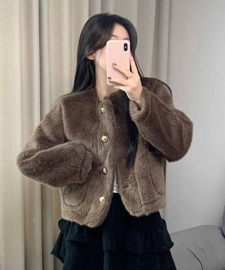 ボタンツイードフェイクファージャケット BROWN
