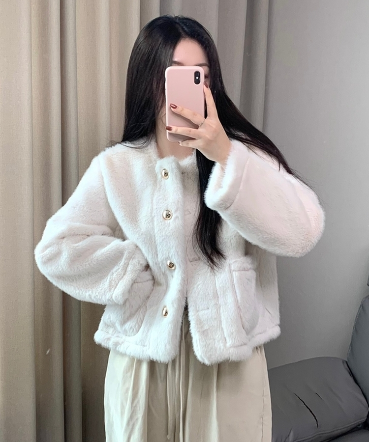 ボタンツイードフェイクファージャケット IVORY