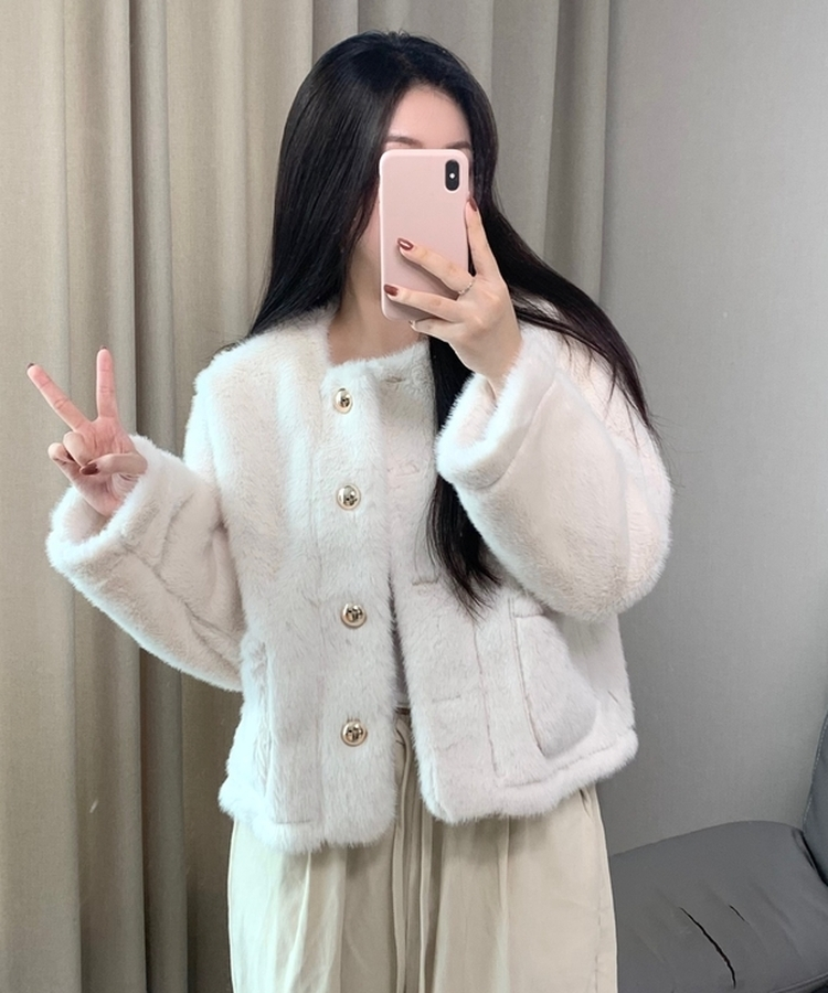 ボタンツイードフェイクファージャケット IVORY