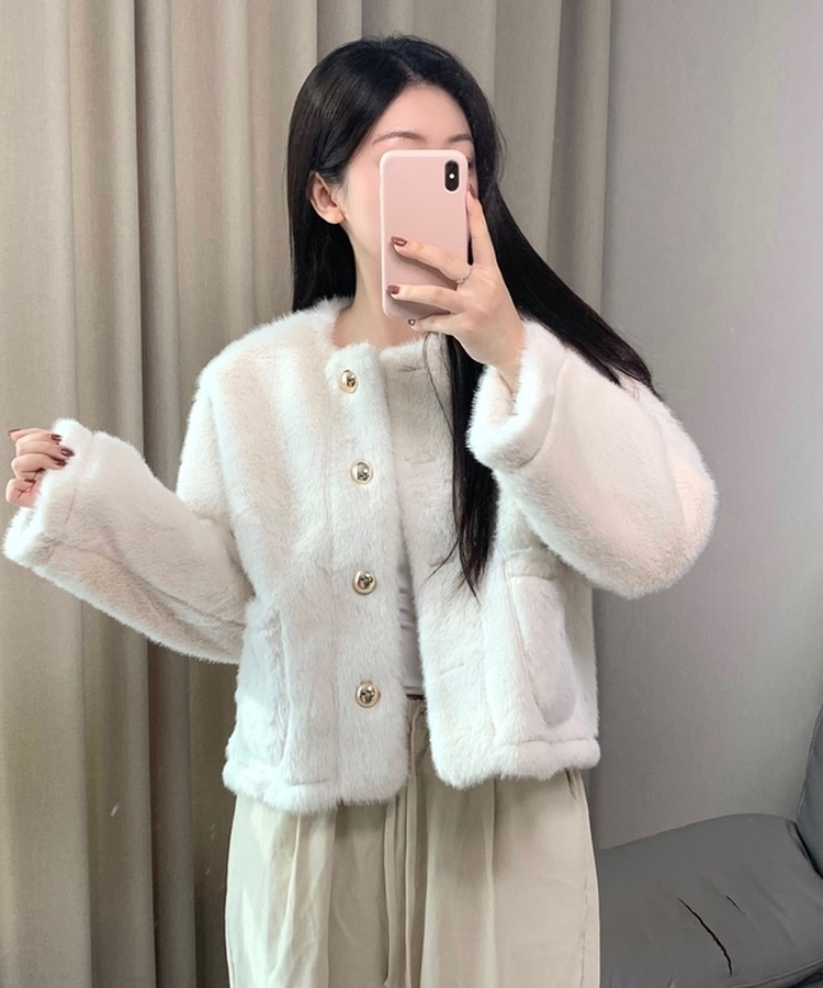 ボタンツイードフェイクファージャケット IVORY