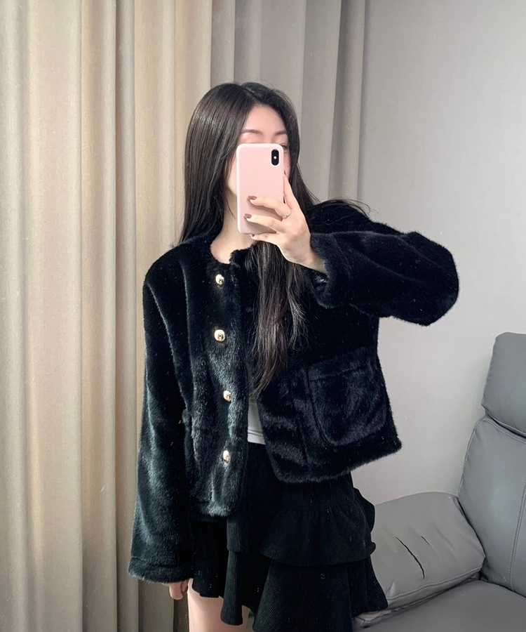 ボタンツイードフェイクファージャケット BLACK