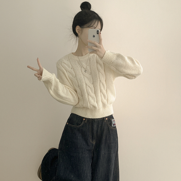 꽈배기 라운드 보카시 케이블 크롭니트 (8color)