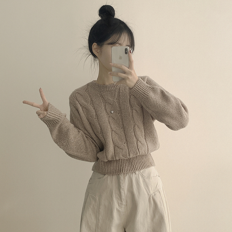 꽈배기 라운드 보카시 케이블 크롭니트 (8color)