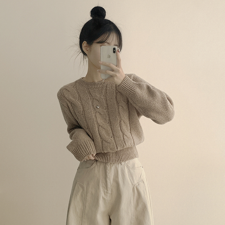 꽈배기 라운드 보카시 케이블 크롭니트 (8color)