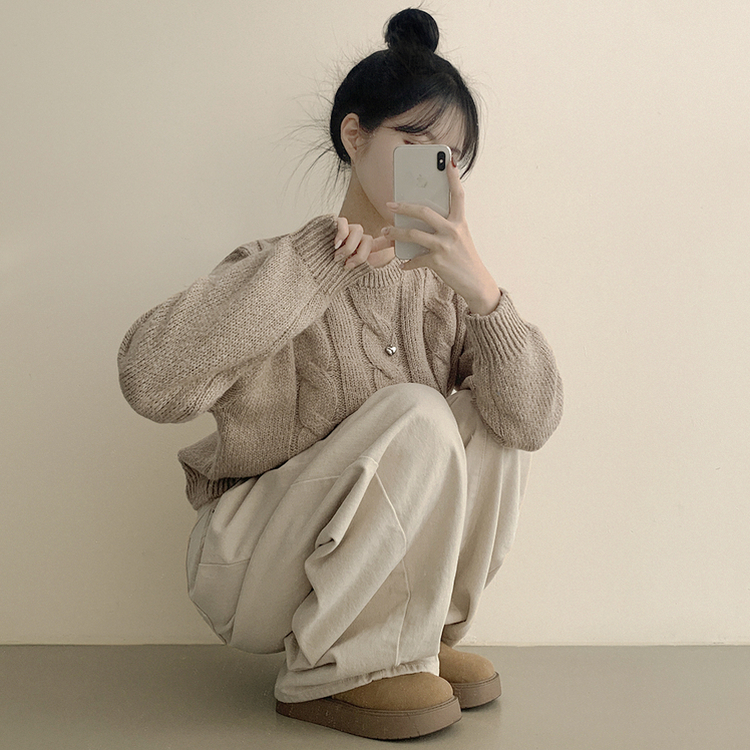 꽈배기 라운드 보카시 케이블 크롭니트 (8color)