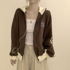 꾸안꾸 무드의 자수 두줄 배색 가을 긴팔 오버핏 집업 겨울 아우터 트레이닝 져지 하이넥 맨투맨 5color 브라운