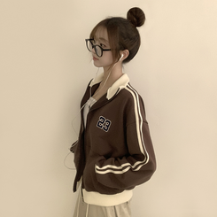 꾸안꾸 무드의 자수 두줄 배색 가을 긴팔 오버핏 집업 겨울 아우터 트레이닝 져지 하이넥 맨투맨 5color 브라운