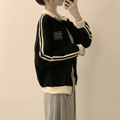 꾸안꾸 무드의 자수 두줄 배색 가을 긴팔 오버핏 집업 겨울 아우터 트레이닝 져지 하이넥 맨투맨 5color 블랙