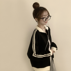 꾸안꾸 무드의 자수 두줄 배색 가을 긴팔 오버핏 집업 겨울 아우터 트레이닝 져지 하이넥 맨투맨 5color 블랙