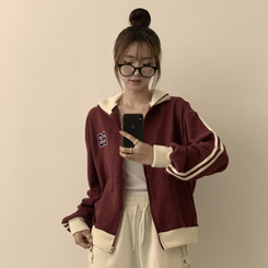 꾸안꾸 무드의 자수 두줄 배색 가을 긴팔 오버핏 집업 겨울 아우터 트레이닝 져지 하이넥 맨투맨 5color 레드