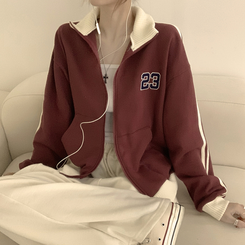 꾸안꾸 무드의 자수 두줄 배색 가을 긴팔 오버핏 집업 겨울 아우터 트레이닝 져지 하이넥 맨투맨 5color 레드