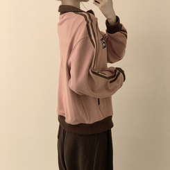 꾸안꾸 무드의 자수 두줄 배색 가을 긴팔 오버핏 집업 겨울 아우터 트레이닝 져지 하이넥 맨투맨 5color 핑크