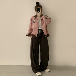 꾸안꾸 무드의 자수 두줄 배색 가을 긴팔 오버핏 집업 겨울 아우터 트레이닝 져지 하이넥 맨투맨 5color 핑크