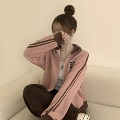 꾸안꾸 무드의 자수 두줄 배색 가을 긴팔 오버핏 집업 겨울 아우터 트레이닝 져지 하이넥 맨투맨 5color 핑크