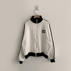 꾸안꾸 무드의 자수 두줄 배색 가을 긴팔 오버핏 집업 겨울 아우터 트레이닝 져지 하이넥 맨투맨 5color